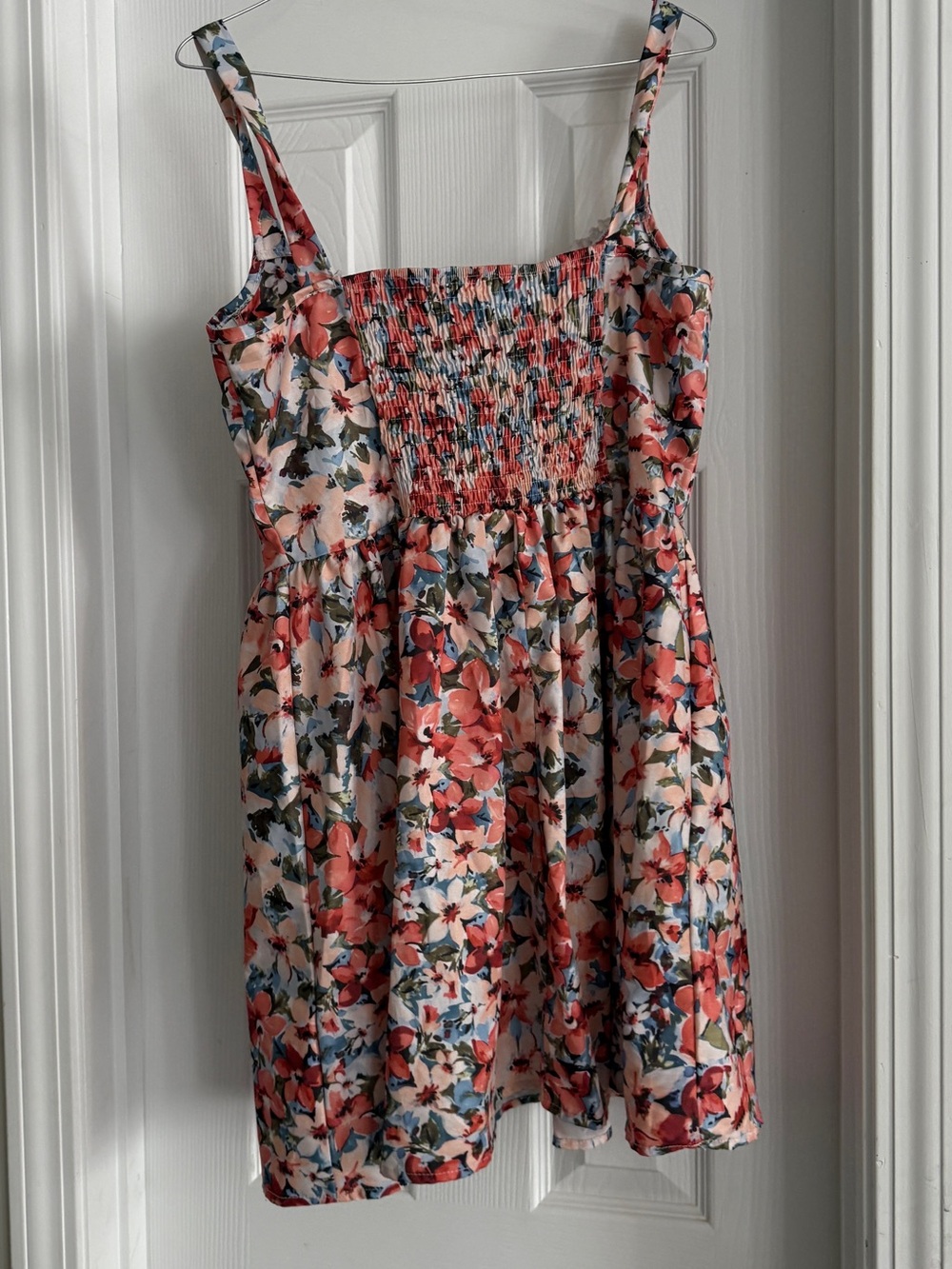 Source Unknown Pink Coral Floral Smocked Mini Dress